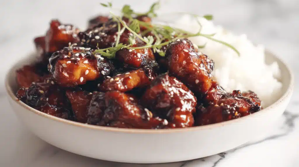 Air fryer teriyaki chicken glazed and caramelized, sliced and served with sesame seeds and green onions.