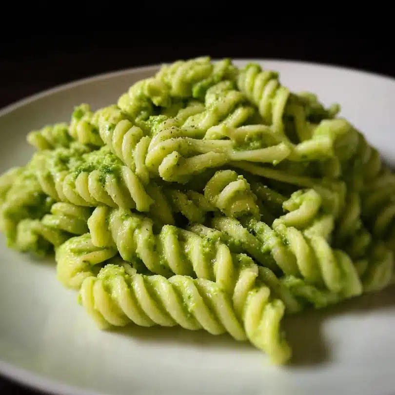 Avocado broccoli pasta for babies creamy and soft in a small bowl