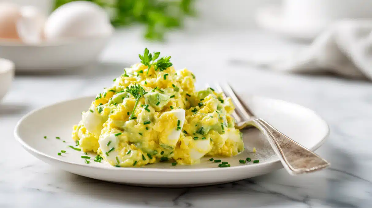 Easy Avocado Egg Salad 4 Avocado egg salad with chopped hard-boiled eggs, creamy avocado, herbs, and light seasoning mixed in a bowl.