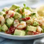 Avocado Salsa Shrimp Salad 7 Avocado salsa shrimp salad with sautéed shrimp, diced avocado, tomatoes, onion, and herbs tossed in a fresh lime dressing.
