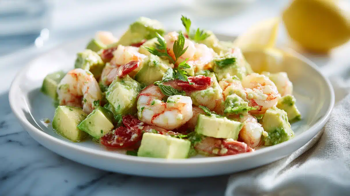 Avocado Salsa Shrimp Salad 4 Avocado salsa shrimp salad with sautéed shrimp, diced avocado, tomatoes, onion, and herbs tossed in a fresh lime dressing.