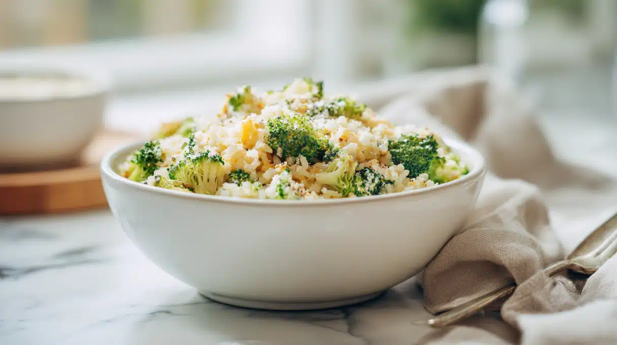 Broccoli cheddar rice with tender broccoli florets and melted cheddar cheese in a bowl