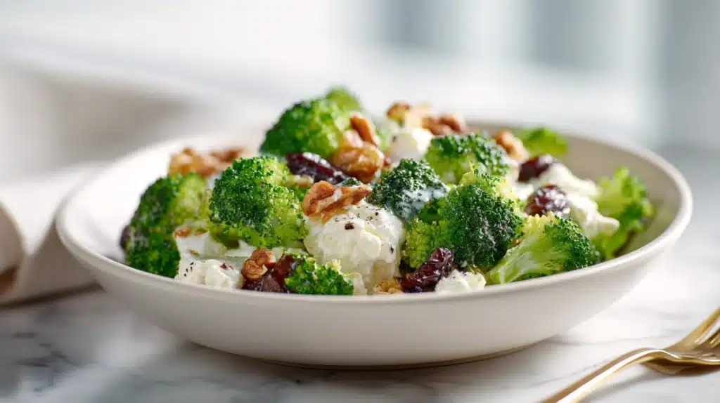 Fresh broccoli salad with crisp florets, bacon bits, dried cranberries, sunflower seeds, and creamy dressing in a bowl.
