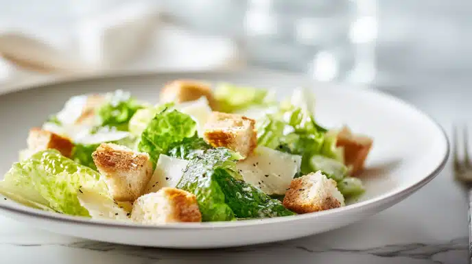 Caesar salad dressing creamy and smooth in a small bowl with herbs