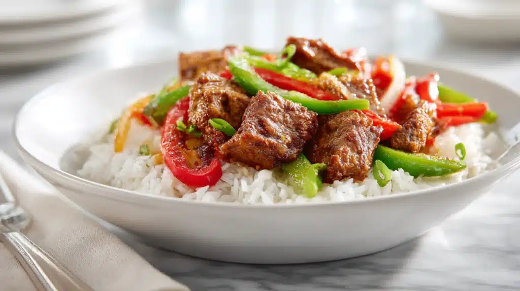Cajun rice cooked with ground meat, vegetables, and spices served in a bowl