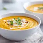 Carrot Parsnip Ginger Lime Soup 7 Carrot parsnip ginger lime soup blended smooth and served warm, garnished with herbs and a drizzle of cream in a bowl.