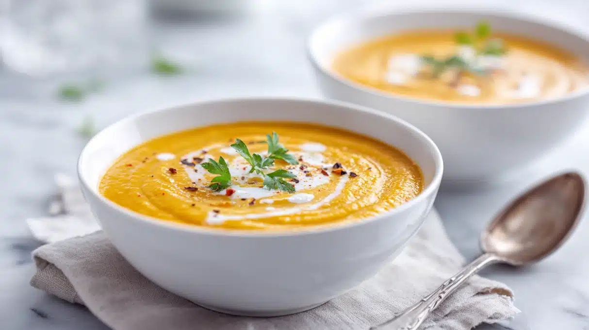 Carrot Parsnip Ginger Lime Soup 4 Carrot parsnip ginger lime soup blended smooth and served warm, garnished with herbs and a drizzle of cream in a bowl.