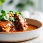 Chicken mole served with tender chicken covered in rich dark mole sauce and sesame seeds
