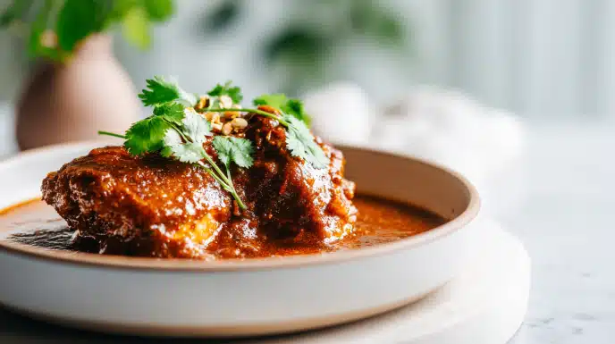 Chicken mole served with tender chicken covered in rich dark mole sauce and sesame seeds