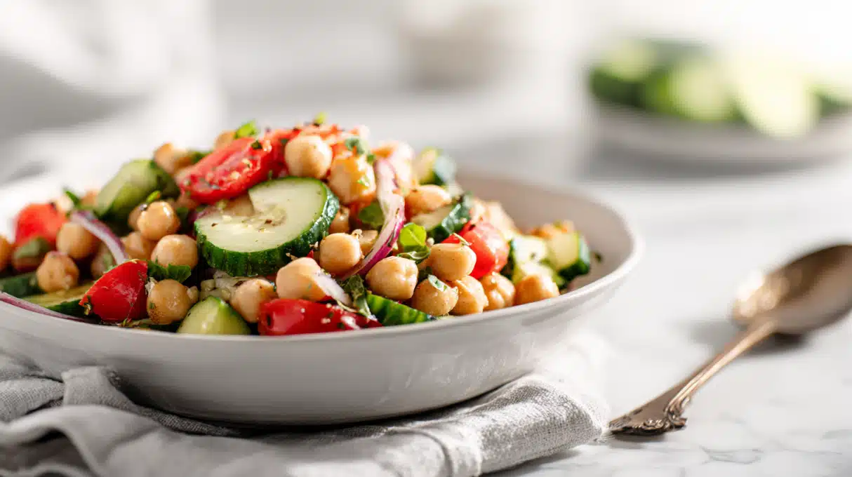 Chickpea Salad 4 Chickpea salad with tender chickpeas, diced vegetables, fresh herbs, and light vinaigrette mixed in a bowl.