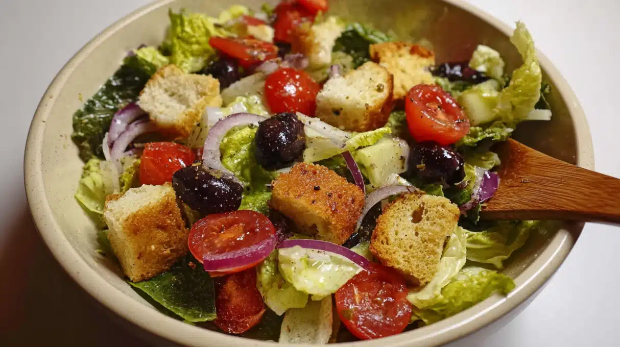 Copycat Olive Garden Salad 4 Copycat Olive Garden salad with crisp romaine, tomatoes, red onion, olives, pepperoncini, croutons, and creamy Italian dressing in a large bowl.