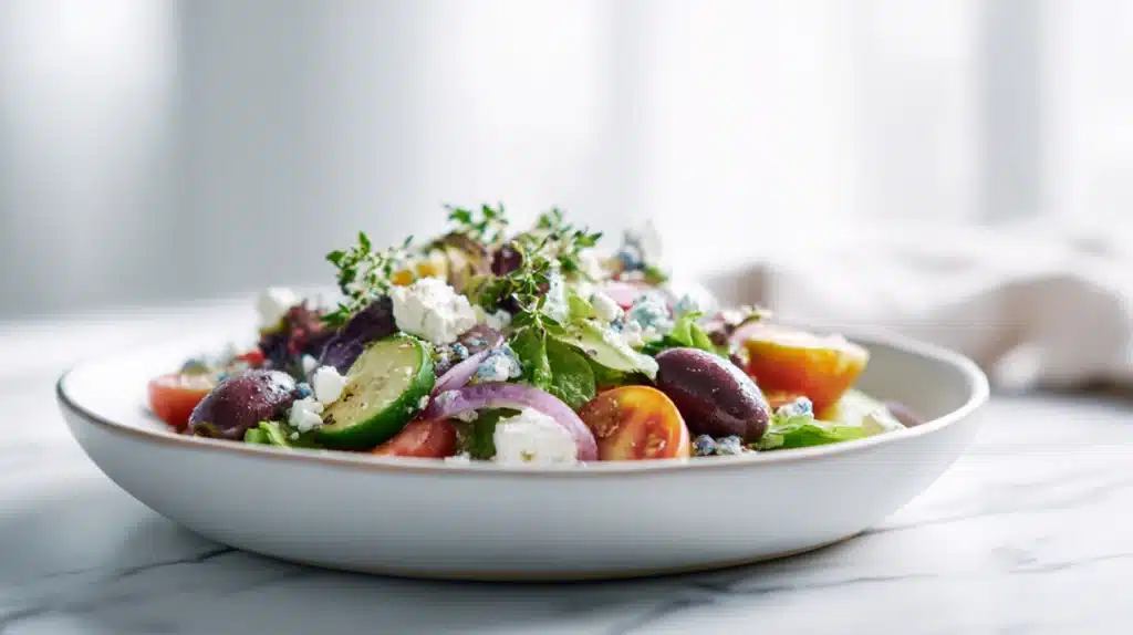 Hearty cowboy salad loaded with ground beef, beans, corn, tomatoes, cheese, and crunchy vegetables tossed in a creamy dressing.