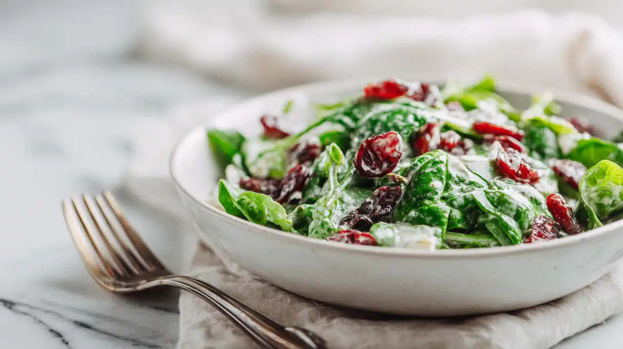 Simple Cranberry Spinach Salad 4 Cranberry spinach salad with fresh baby spinach, dried cranberries, nuts, cheese, and light dressing tossed in a bowl.
