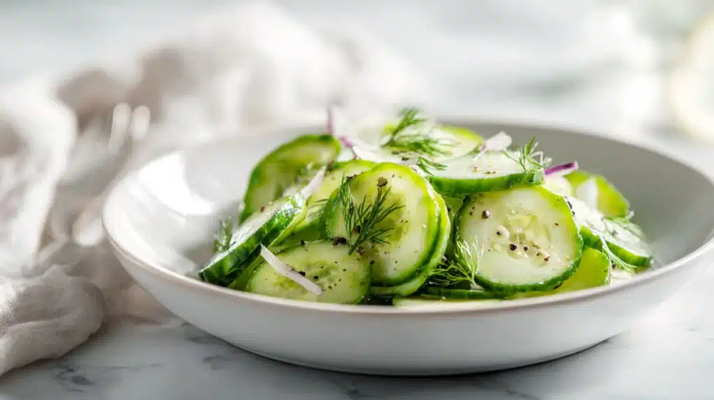 Fresh cucumber salad with thinly sliced cucumbers, onions, herbs, and light vinaigrette served chilled in a bowl.