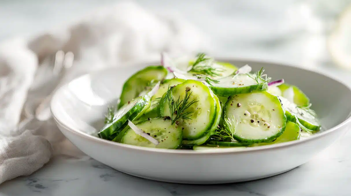 Fresh cucumber salad with thinly sliced cucumbers, onions, herbs, and light vinaigrette served chilled in a bowl.