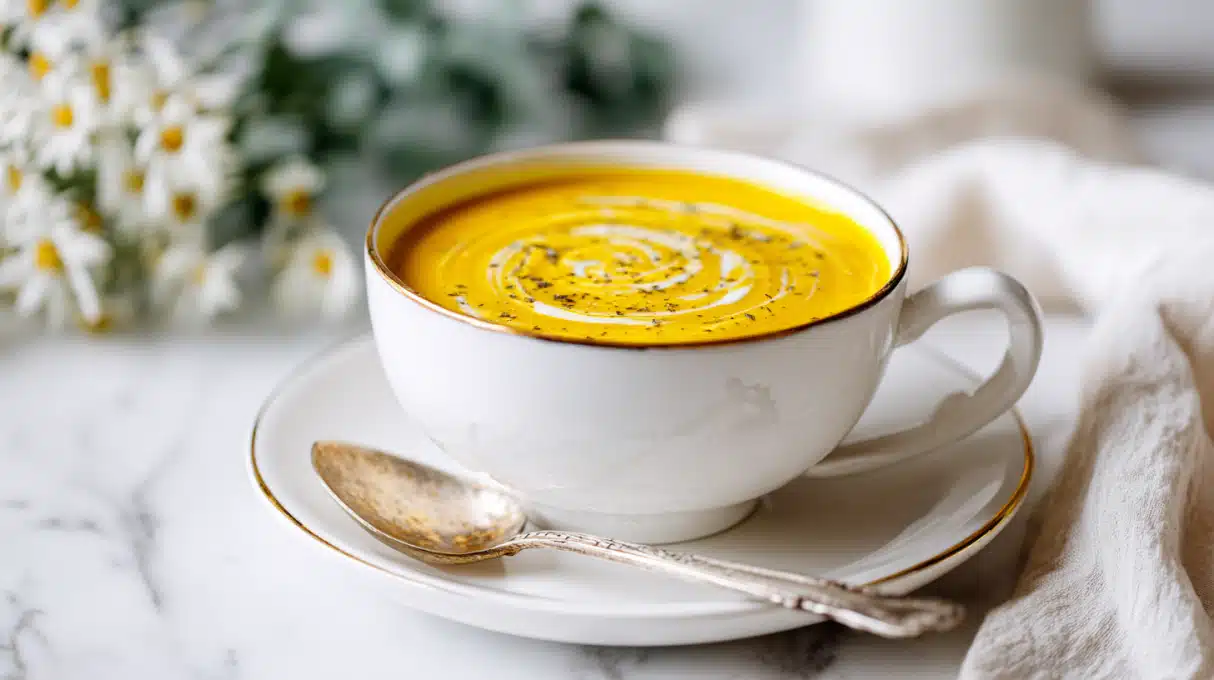 Curried Parsnip Soup 4 Curried parsnip soup blended smooth and creamy, served warm in a bowl with a light garnish of herbs.