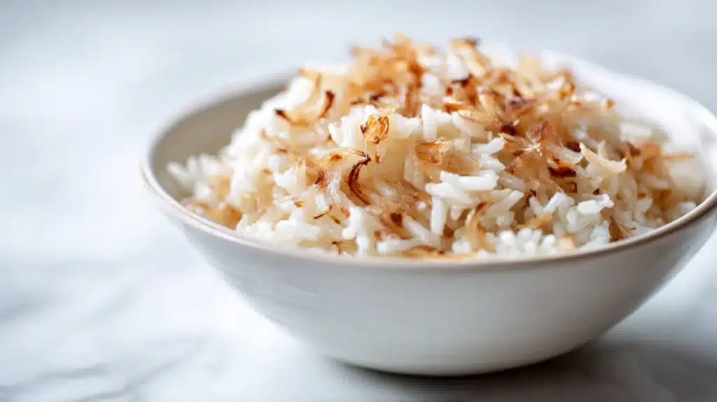 French onion rice with caramelized onion flavor and fluffy seasoned rice in a bowl