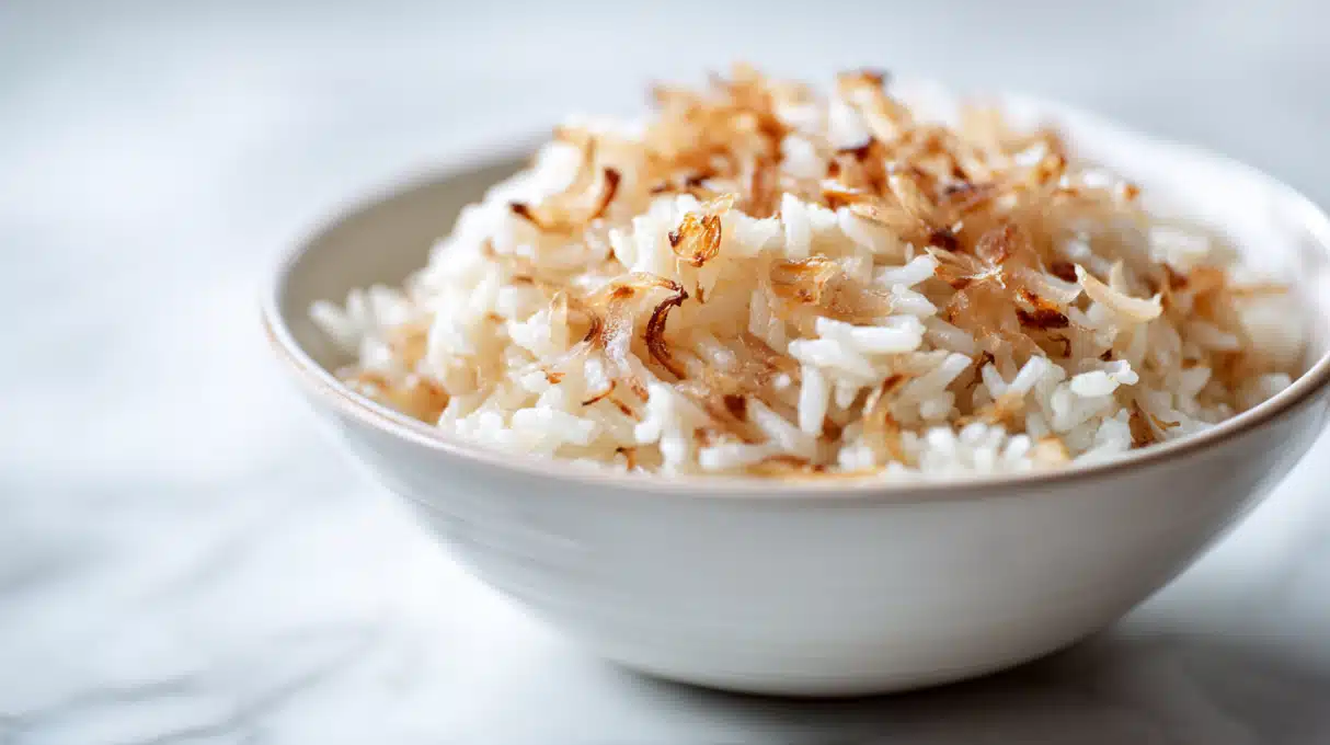 French onion rice with caramelized onion flavor and fluffy seasoned rice in a bowl