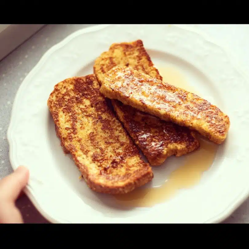 French toast for babies cut into soft strips on a plate