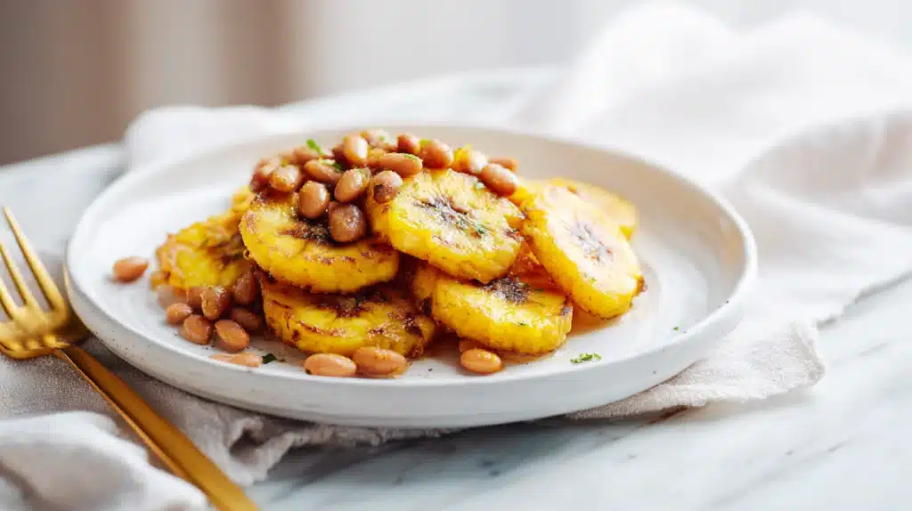 Fried plantains served with creamy blended beans and garnish on a plate