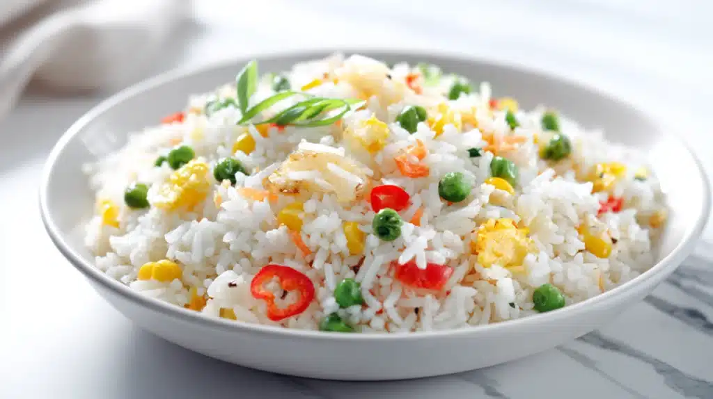 Fried rice stir-fried with vegetables, eggs, and seasonings in a bowl