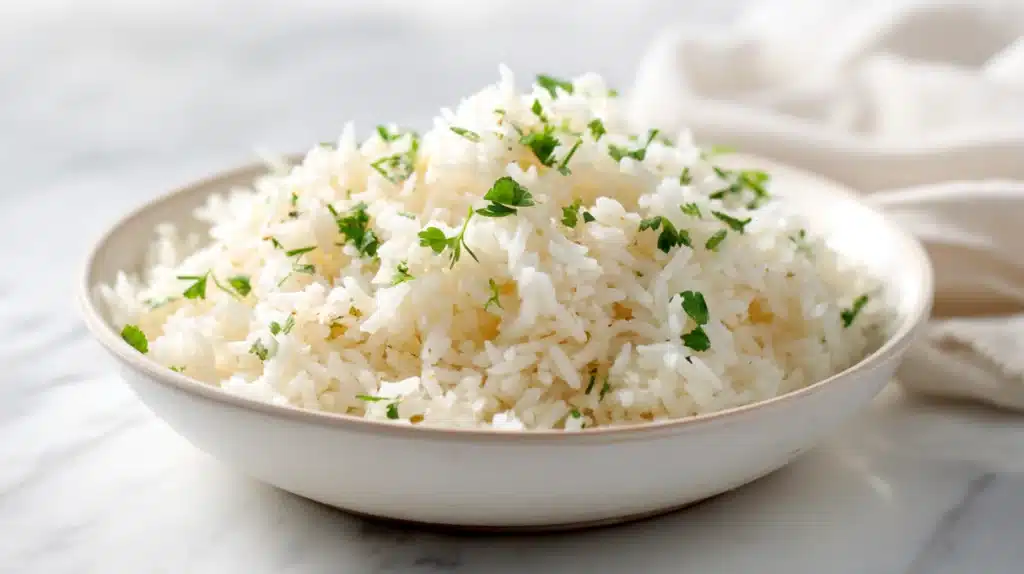 Garlic butter rice with fluffy rice, melted butter, and fresh herbs in a bowl