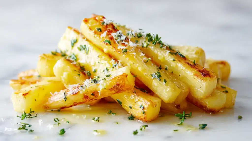 Garlic butter roasted parsnips caramelized and golden, tossed with herbs and served on a plate.