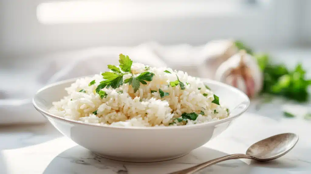 Garlic parmesan rice with fluffy rice tossed in garlic butter and grated parmesan