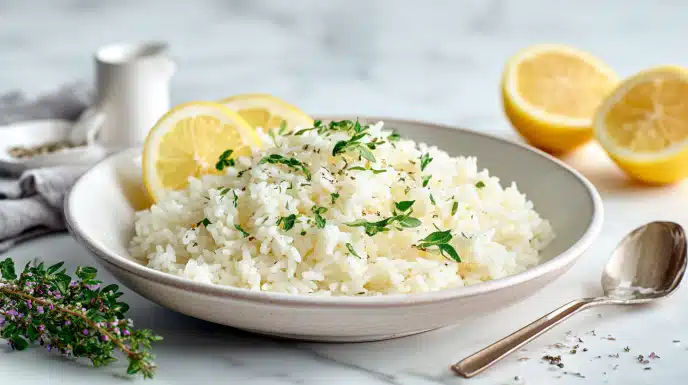 Greek lemon rice with fluffy grains, fresh herbs, and lemon zest served in a bowl