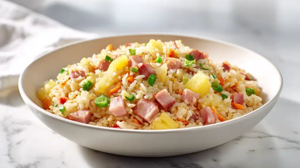 Hawaiian fried rice with pineapple, ham, vegetables, and fluffy rice in a bowl