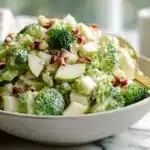 Honeycrisp apple broccoli salad with crisp broccoli florets, diced apples, nuts, and creamy dressing tossed in a bowl.