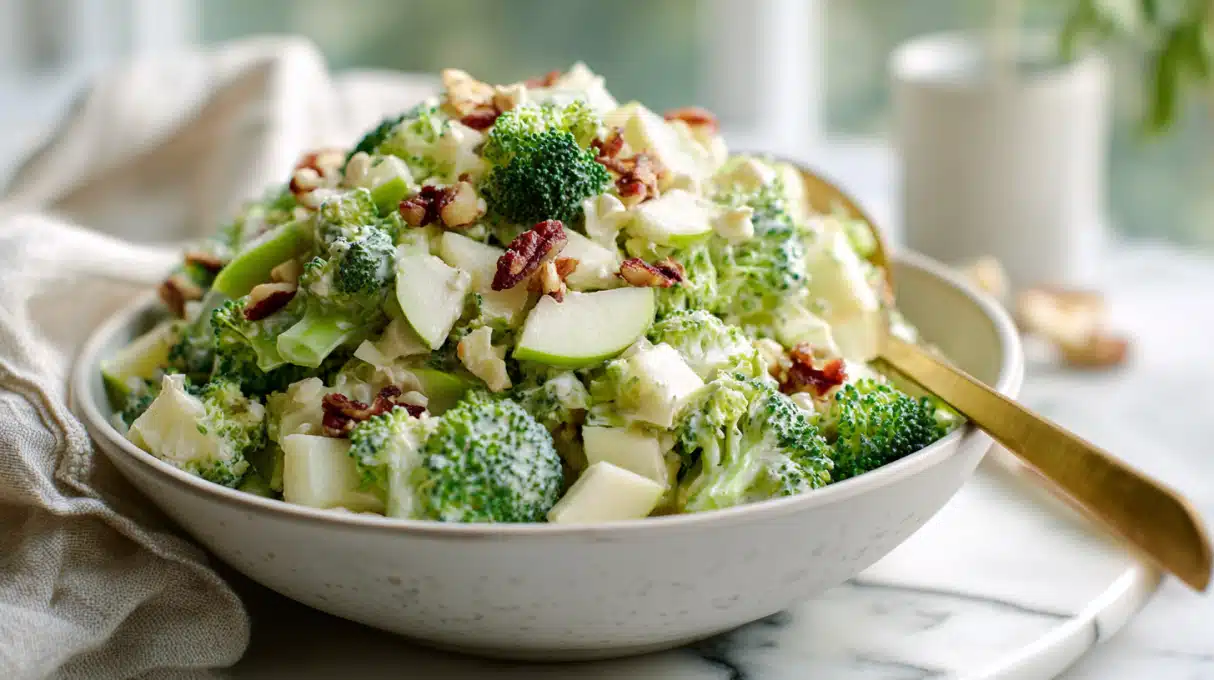 Honeycrisp apple broccoli salad with crisp broccoli florets, diced apples, nuts, and creamy dressing tossed in a bowl.