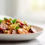 Jambalaya Recipe: Perfect for Family Dinners! 7 Jambalaya with rice, sausage, shrimp, and peppers in a skillet