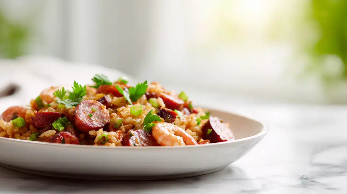 Jambalaya Recipe: Perfect for Family Dinners! 4 Jambalaya with rice, sausage, shrimp, and peppers in a skillet
