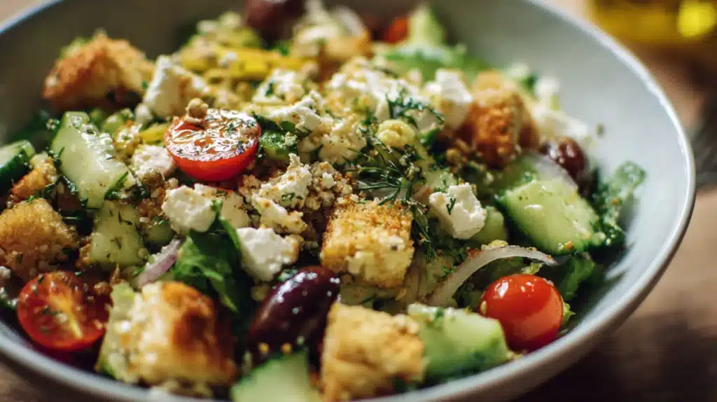 Fresh Jennifer Aniston salad served in a bowl with quinoa, chickpeas, cucumber, red onion, herbs, and feta cheese, lightly tossed for a colorful, healthy meal.