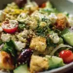 Fresh Jennifer Aniston salad served in a bowl with quinoa, chickpeas, cucumber, red onion, herbs, and feta cheese, lightly tossed for a colorful, healthy meal.