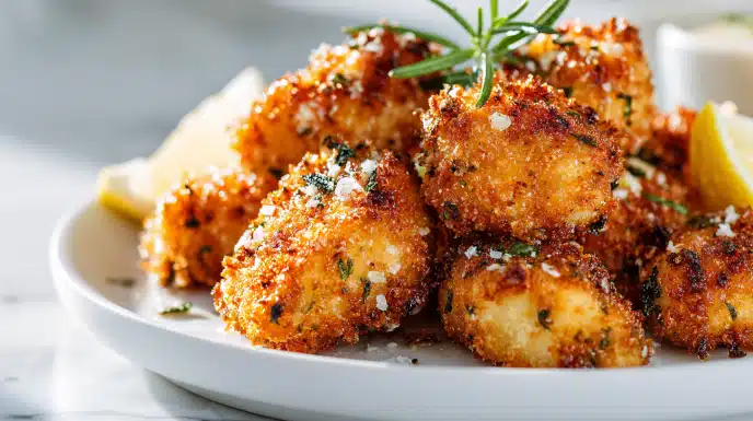 Lemon garlic air fryer chicken bites golden and seasoned with fresh herbs