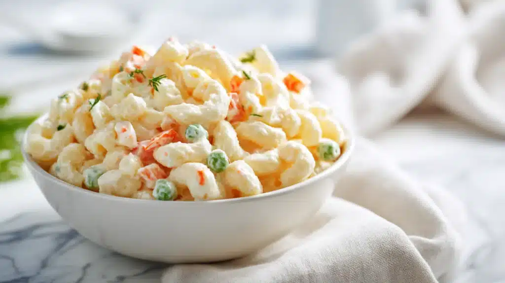 Classic macaroni salad with tender elbow pasta, diced vegetables, and creamy dressing mixed in a serving bowl.