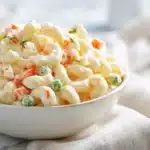 Classic macaroni salad with tender elbow pasta, diced vegetables, and creamy dressing mixed in a serving bowl.