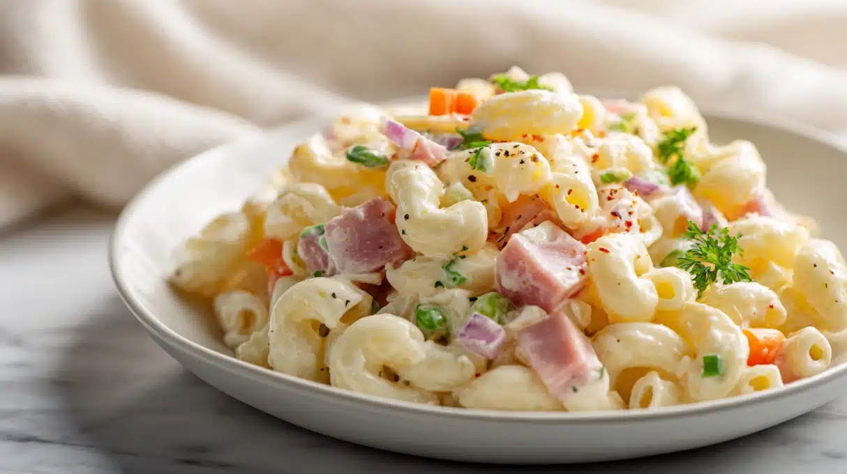 Macaroni Salad with Ham and Cheese 4 Macaroni salad with ham and cheese mixed with tender pasta, diced vegetables, and creamy dressing in a serving bowl.