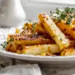 Delicious Maple Roasted Parsnips with Thyme 7 Maple roasted parsnips caramelized and glossy, garnished with fresh thyme and served warm on a plate.