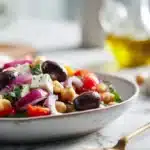 Mediterranean bean salad with mixed beans, cucumber, tomatoes, red onion, herbs, and light vinaigrette in a serving bowl.