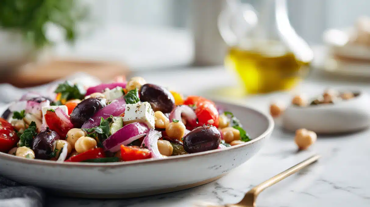 Mediterranean bean salad with mixed beans, cucumber, tomatoes, red onion, herbs, and light vinaigrette in a serving bowl.