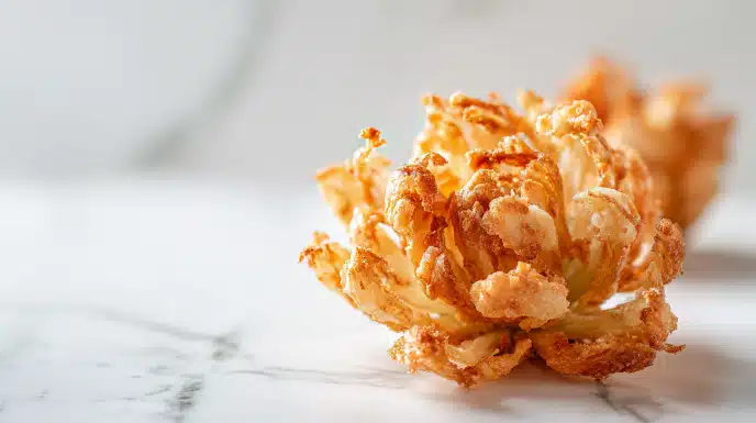 Mini air fryer blooming onions golden and crispy with dipping sauce