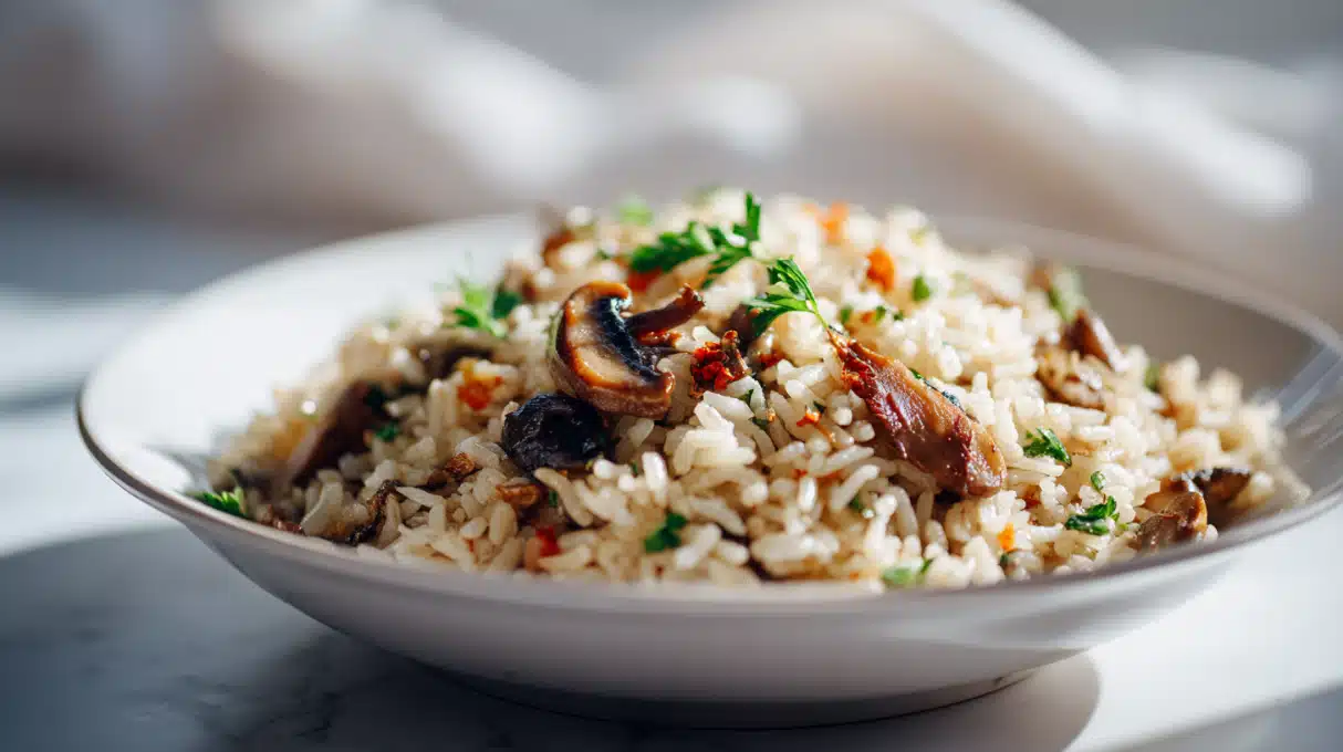 Mushroom rice cooked with tender mushrooms, herbs, and fluffy rice in a bowl