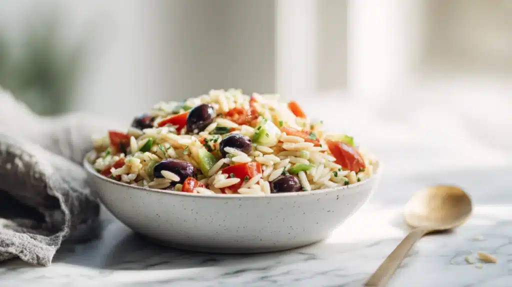 Colorful orzo salad with tender pasta, cherry tomatoes, cucumber, herbs, and feta tossed in a light vinaigrette.