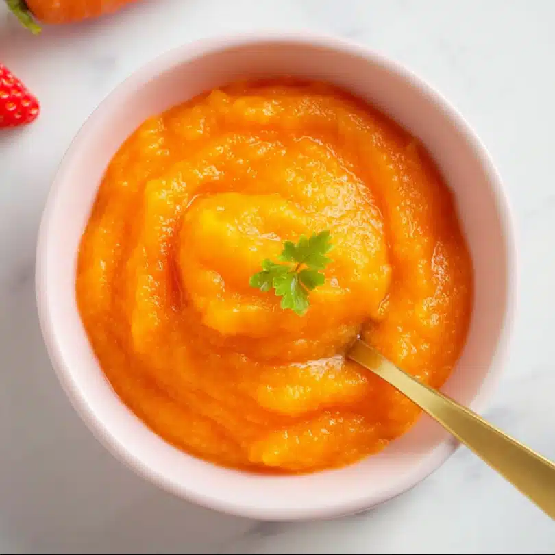 Carrot and mango baby puree smooth and vibrant in a small bowl