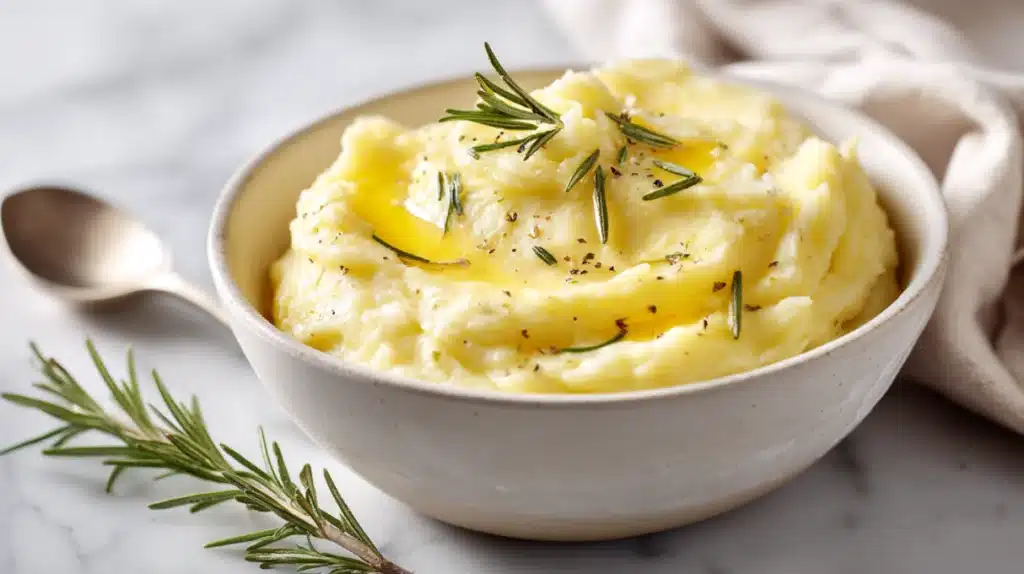 Smooth parsnip puree served in a bowl, creamy and velvety with a light garnish on top.