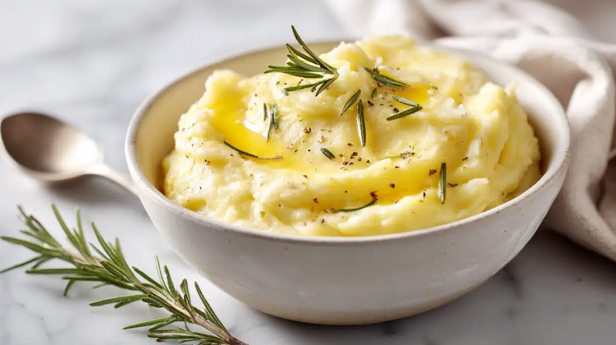 Smooth parsnip puree served in a bowl, creamy and velvety with a light garnish on top.