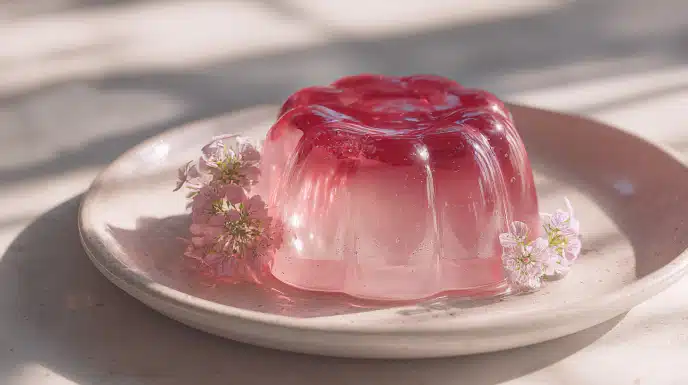 Pink gelatin dessert molded and topped with whipped cream